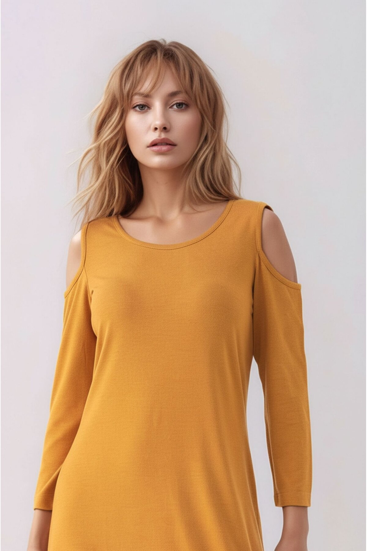 Kadon Omzu Açık Truvakar Kol Bisiklet Yaka Rahat Kalıp Spor Şık Örme Viskon Elbise