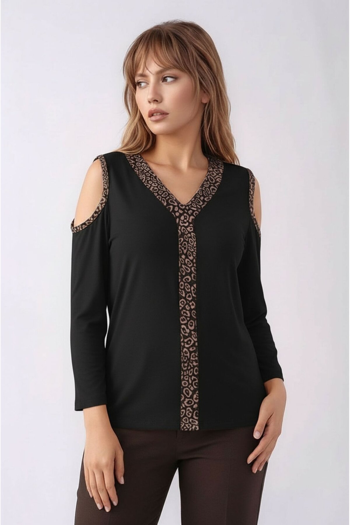 Kadon Omzu Açık Truvakar Kol Leopar Biyeli Rahat Kalıp Spor Şık Bluz