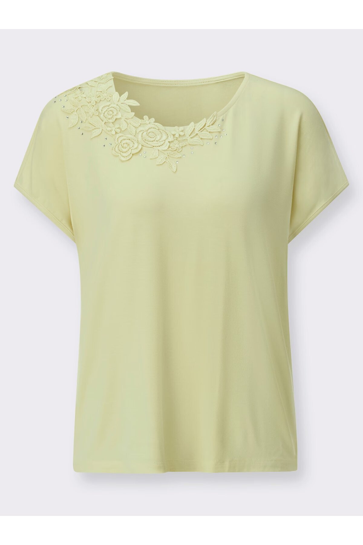Kadın Bisiklet Yaka Kısa Kol Yakası Taş ve Gül Güpür Detay Tshirt Bluz