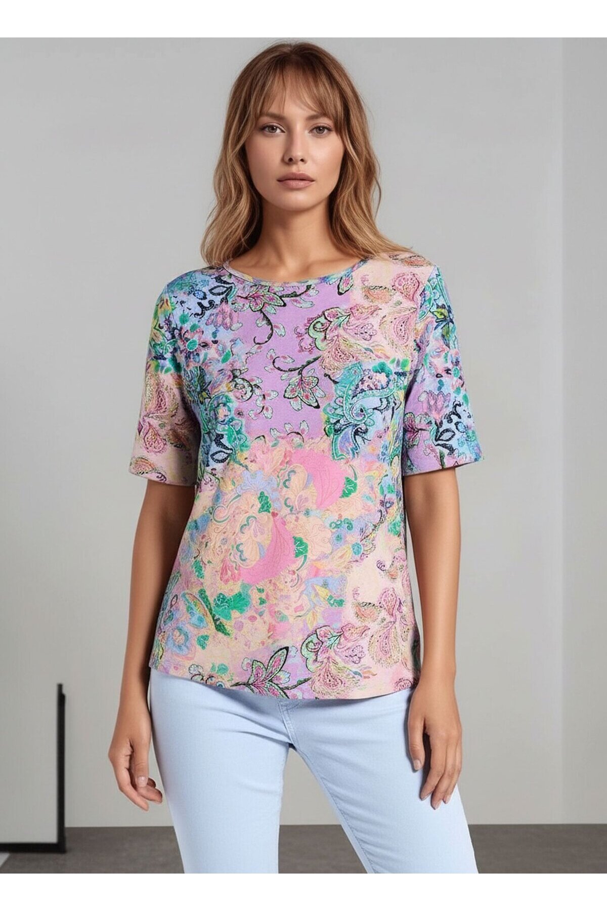 Kadın Bisiklet Yaka Kısa Kol Desenli Spor Şık Viskon Tshirt Bluz