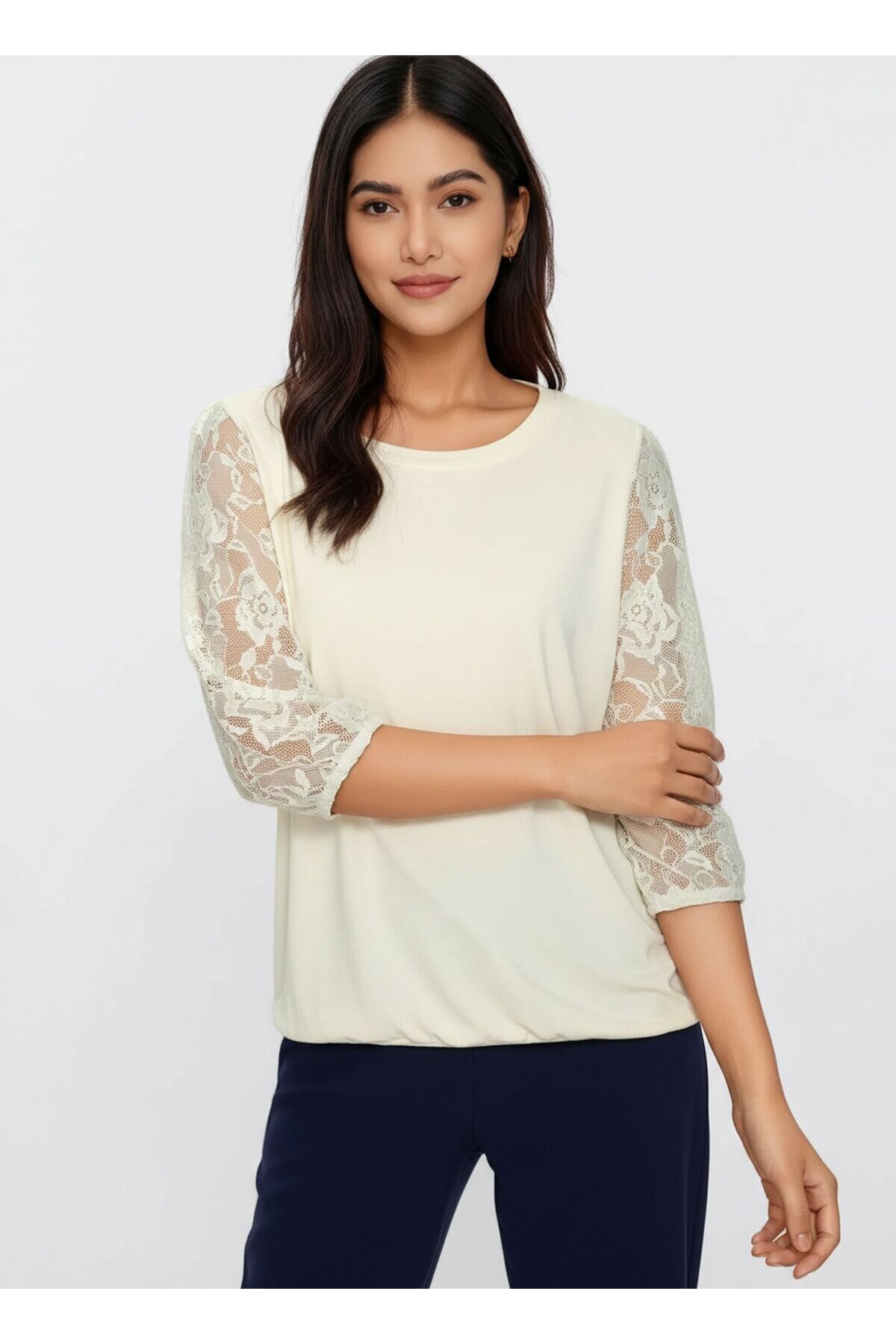 Kadın Bisiklet Yaka Kolları Dantel Lastikli Basic Spor Şık Bluz