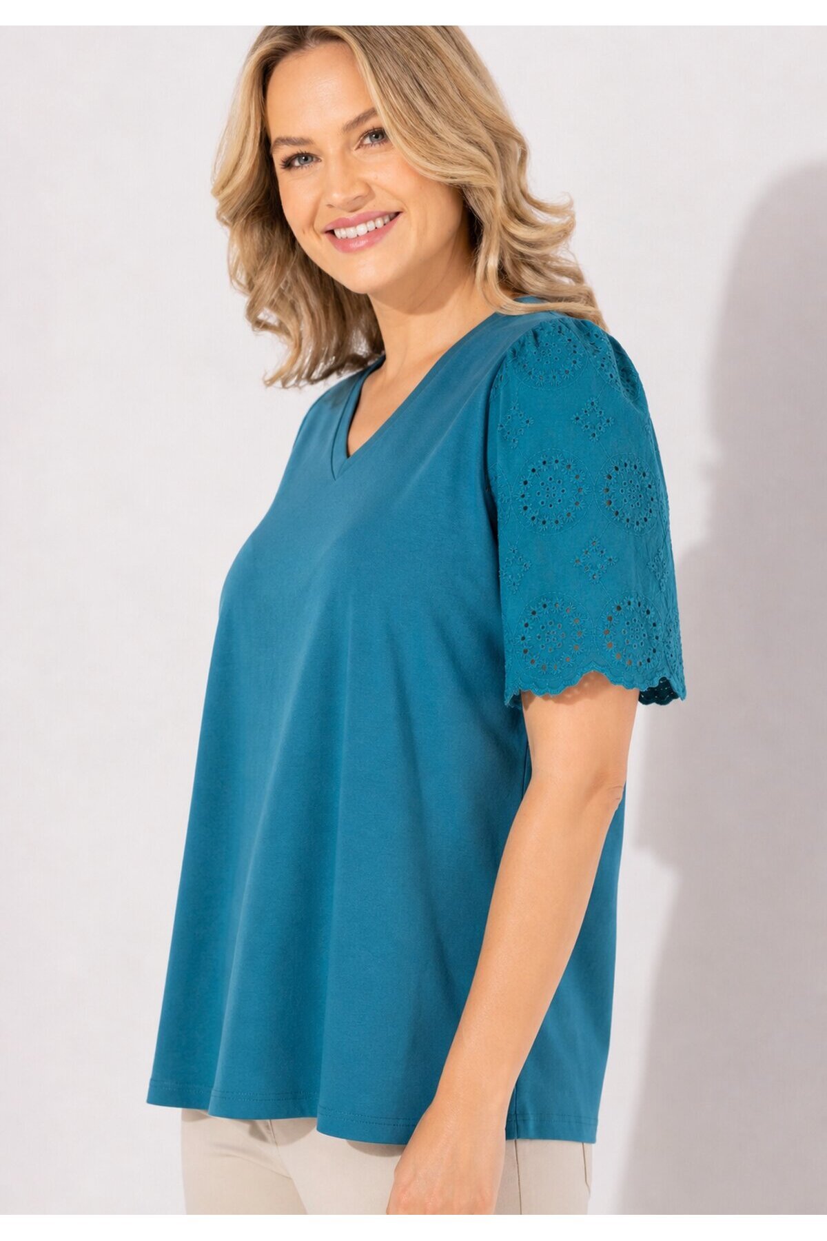 Kadın V Yaka Kolları Güpürlü Curve Büyük Beden Spor Şık %100 Cotton Tshirt Bluz