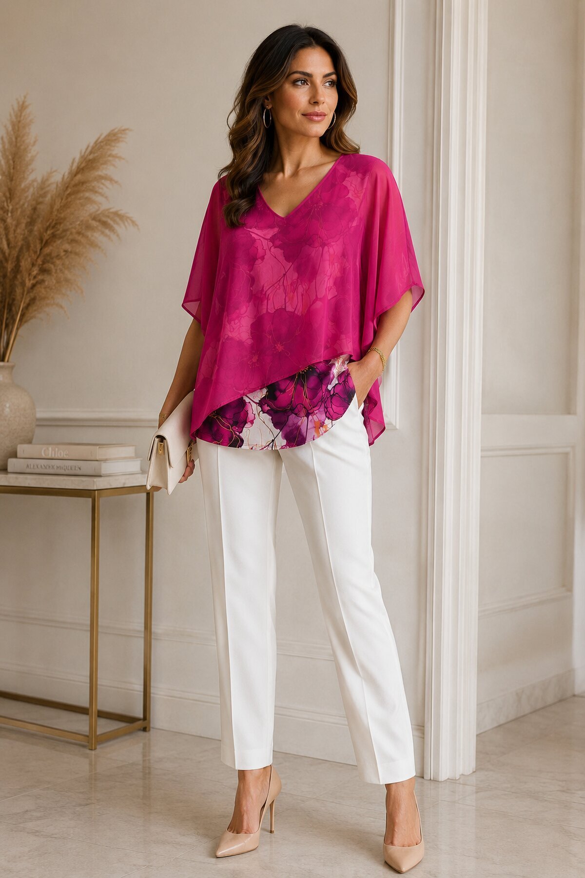 Kadın V Yaka Üstü Şifon Çiçek Desenli Curve Büyük Beden Spor Şık Bluz