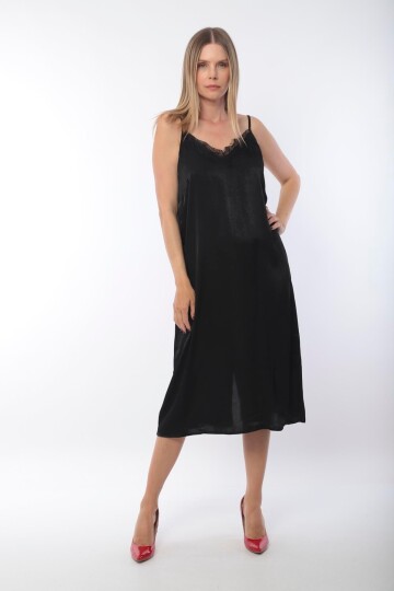 Kadın Askılı Yırtmaç Detay Siyah Saten Spor Şık Curve Elbise