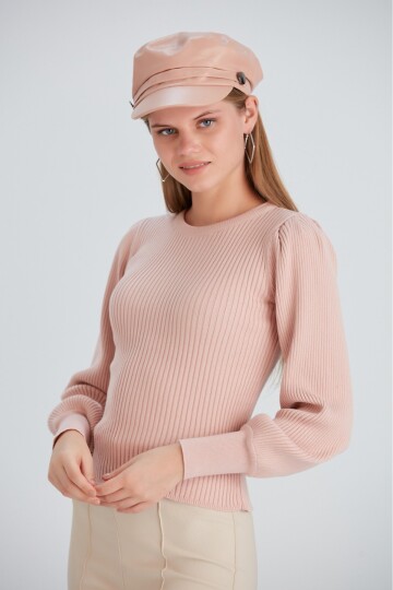 Kadın Balon Uzun Kol Pudra Rengi Spor Şık Triko Bluz