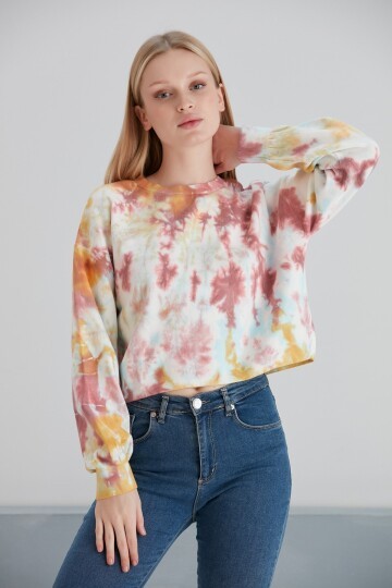 Kadın Batik Desen Crop Boy Sarı Pembe Bej Triko Kazak