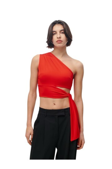 Kadın Belden Bağlama Detay Tek Kol Omzu Açık Spor Şık Rahat Kalıp Croptop Bluz