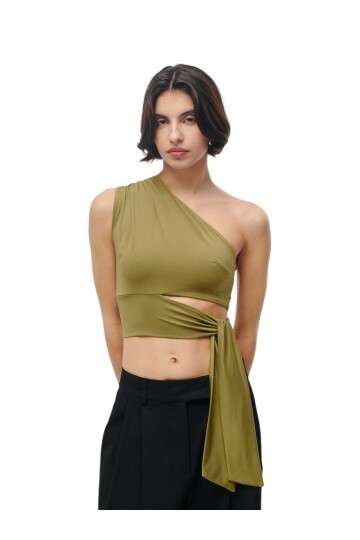 Kadın Belden Bağlama Detay Tek Kol Omzu Açık Spor Şık Rahat Kalıp Croptop Bluz