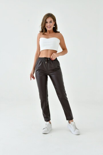 Kadın Beli Lastikli Parça Derili Spor Şık Tasarım Deri Pantolon
