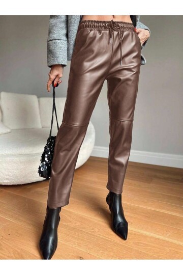 Kadın Beli Lastikli Parça Derili Spor Şık Tasarım Deri Pantolon
