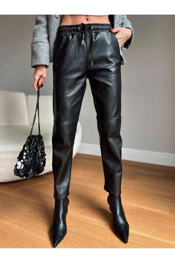 Kadın Beli Lastikli Parça Derili Spor Şık Tasarım Siyah Deri Pantolon