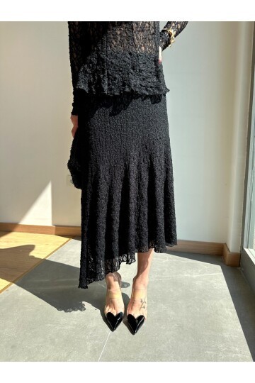 Kadın Beli Lastikli Tam Esnek Dantel Güpürlü Asimetrik Kesim Yüksek Bel Şık Midi Boy Tasarım Etek