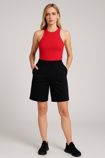 Kadın Beli Lastikli Yüksek Bel İki Cepli Şehir Boy Yazlık Şort