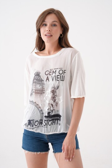 Kadın Bisiklet Yaka Kısa Kol Baskı Detaylı Spor Şık Curve Beli Lastikli Şifon Bluz