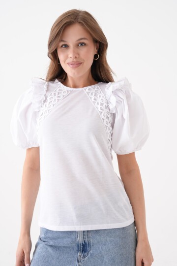 Kadın Bisiklet Yaka Volanlı Karpuz Kol Güpür Detaylı Spor Şık Çiçek Güpürlü Bluz