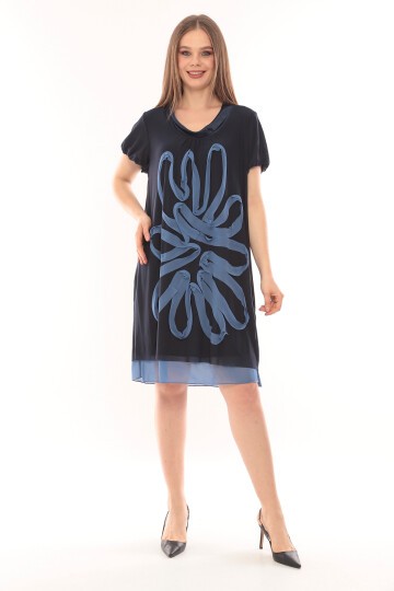 Kadın Büyük Beden Yarım Kol Şifon Çiçek Desenli Curve Astarlı Spor Şık Elbise