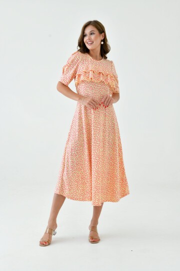 Kadın Çiçekli Kare Yaka Yarım Volanlı Kol Spor Şık Yazlık Uzun Elbise