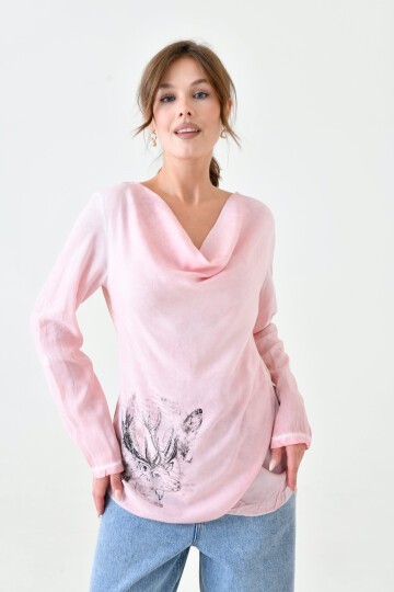 Kadın Degaye Yaka Geyik Baskılı Kalpli Taş Baskı Asimetrik Spor Şık Casual Curve Pudra Rengi Bluz