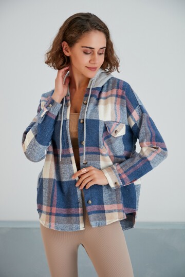 Kadın Desenli Renkli Oduncu Oversize Bol ve Geniş Kalıp Casual Çift Kapüşonlu Ceket Gömlek