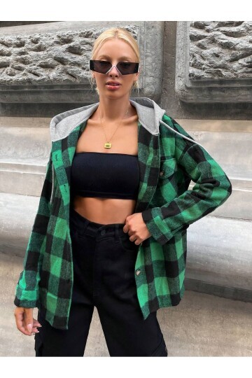 Kadın Desenli Renkli Oduncu Oversize Bol ve Geniş Kalıp Casual Çift Kapüşonlu Ceket Gömlek