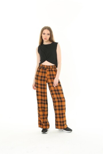 Kadın Dokuma Viskon Dama Desenli Cepli Büyük Beden Kalıp Beli Lastikli Salaş Pantolon