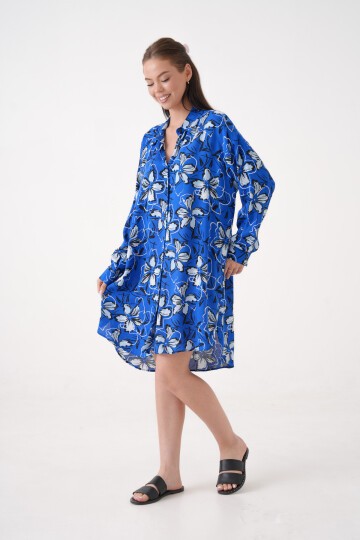 Kadın Gömlek Yaka Büyük Beden Desenli Tunik Boy Uzun Kol Gömlek Elbise