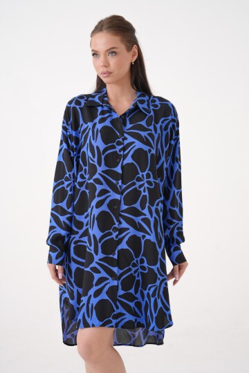 Kadın Gömlek Yaka Büyük Beden Desenli Tunik Boy Uzun Kol Gömlek Elbise