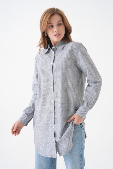 Kadın Gömlek Yaka Düğmeli Uzun Kol Tunik Boy Rahat Çizgili Curve Büyük Beden Tesettüre Uygun Gömlek