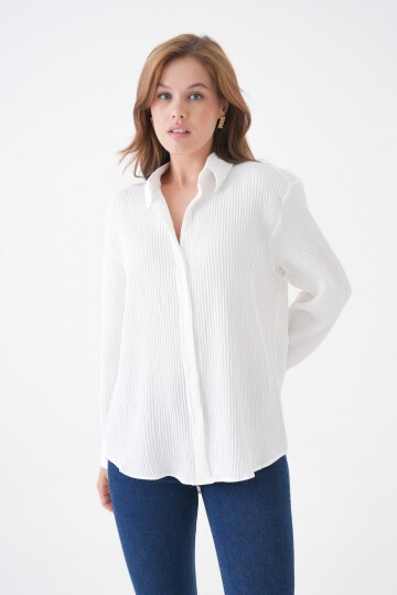 Kadın Gömlek Yaka Önü Düğmeli Düz Uzun Kol Rahat Kalıp Curve Büyük Bedeb Yazlık Gömlek