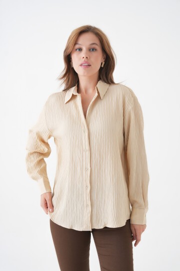 Kadın Gömlek Yaka Önü Düğmeli Düz Uzun Kol Rahat Kalıp Curve Büyük Bedeb Yazlık Gömlek