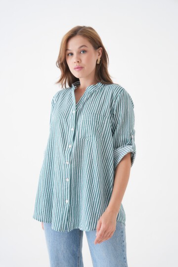 Kadın Hakim Yaka Geniş Kalıp Tesettüre Uygun Çizgili Spor Şık Curve Gömlek