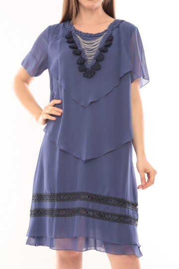 Kadın İthal Büyük Beden Püskül Zincir Detaylı Şifon Yarım Kol Astarlı Büyük Beden Elbise