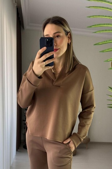 Kadın Kapüşonlu Scuba Oversize Spor Şık Tasarım Sweatshirt