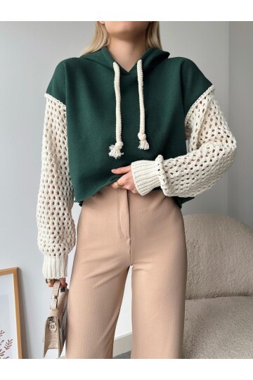 Kadın Kolları Örgü Triko Süper Şık Tasarım Oversize Crop Boy Yeşil Sweatshirt