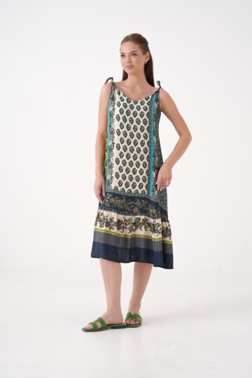 Kadın Kolsuz Desenli Eteği Pileli Büyük Beden Curve Yazlık Askılı Elbise