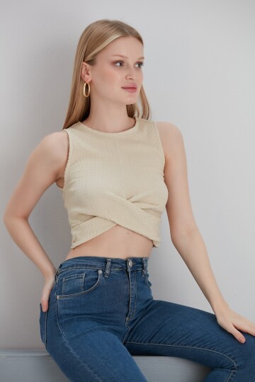 Kadın Önü Düğüm Model Kolsuz Spor Şık Curve Croptop Bluz