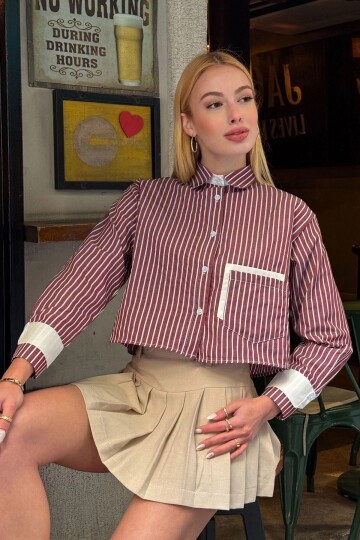 Kadın Özel Tasarım Çizgi Garni Crop Boy Uzun Kol Çift Manşetli Bluz Kısa Gömlek