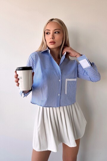 Kadın Özel Tasarım Çizgi Garni Crop Boy Uzun Kol Çift Manşetli Bluz Kısa Gömlek