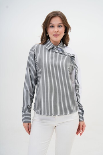 Kadın Özel Tasarım Yaka Kol Düğmeli Çizgi Garnili Bluz Boy  Pamuk Gömlek