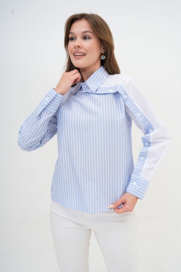 Kadın Özel Tasarım Yaka Kol Düğmeli Çizgi Garnili Bluz Boy  Pamuk Gömlek