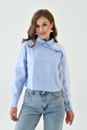 Kadın Özel Tasarım Yaka Kol Düğmeli Çizgi Garnili Crop Boy Bluz Gömlek