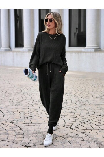 Kadın Rahat Kalıp Örgü Triko Tasarım Siyah Takım