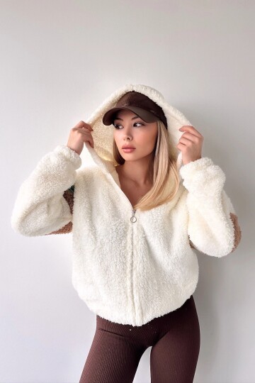 Kadın Renkli Garnili Kol Detay PeluşcFermuarlı Rahat Kalıp  Spor Şık Örme Kapüşonlu Ceket