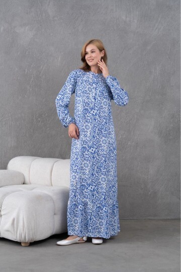 Kadın Tesettüre Uygun Desenli Uzun Kol Beli Bağcıklı Maxi Boy Rahat Büyük Beden Şık Pamuk Elbise