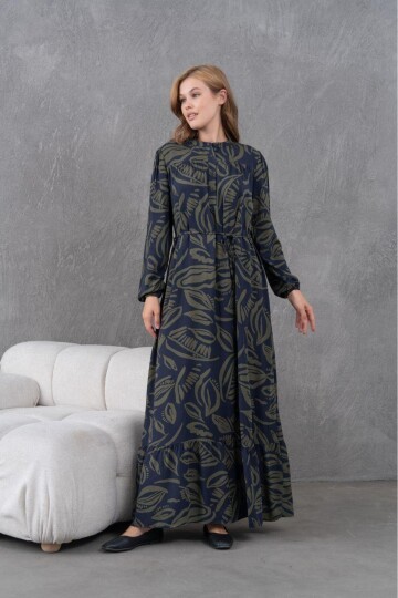 Kadın Tesettüre Uygun Desenli Uzun Kol Beli Bağcıklı Maxi Boy Rahat Büyük Beden Şık Pamuk Elbise