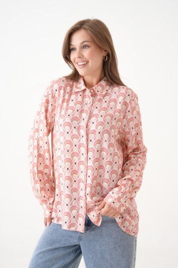 Kadın Tesettüre Uygun Desenli Uzun Kol Pamuk Şık Büyük Beden Desenli Curve Rahat Gömlek