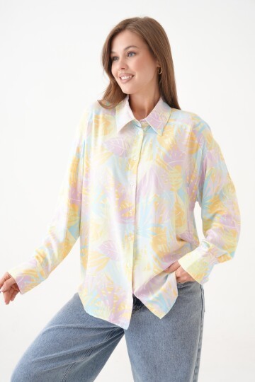 Kadın Tesettüre Uygun Desenli Uzun Kol Pamuk Şık Büyük Beden Desenli Curve Rahat Gömlek