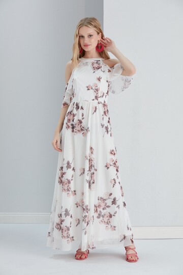 Kadın Tül Detaylı Omzu Açık Şık Rahat Kalıp Büyük Beden Abiye Elbise