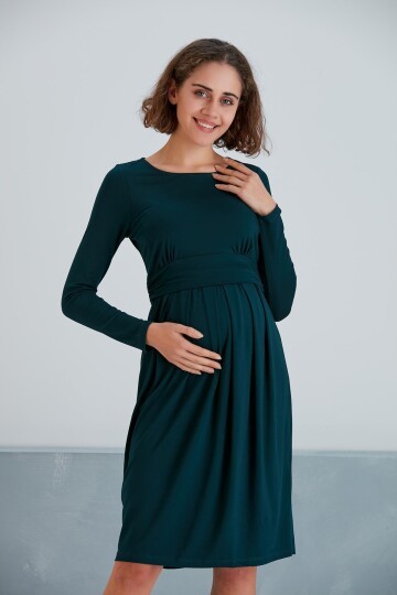 Kadın Uzun Kol Emzirme Detaylı Viskon Rahat Şık Hamile Elbisesi