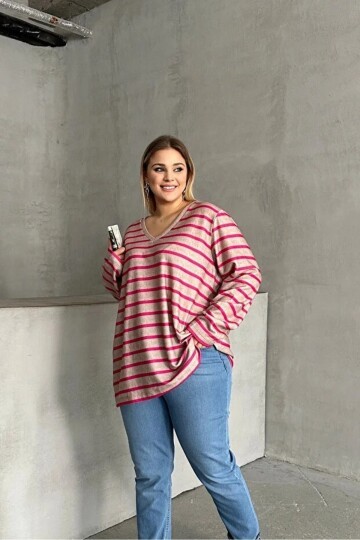 Kadın V Yaka Büyük Beden Oversize Kalıp Geniş Tunik Boy Yırtmaçlı Çizgili Uzun Kol Curve Yumoş Bluz